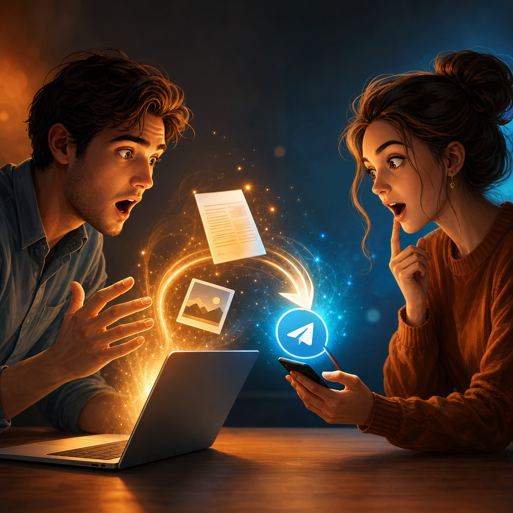 Иллюстрация синхронной работы: ноутбук и смартфон с Telegram, чеклист и календарь — Публикация на сайте и в Telegram в минималистичном плане.